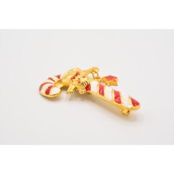 Vintage Christmas Candy Cane Pin Brooch Red White Enamel Gold Teddy Bear Bin7 - Picture 9 of 12